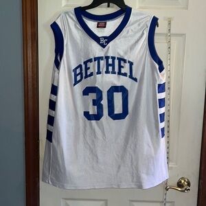 Bethel College, women’s basketball jersey, size women’s XL. White and blue.